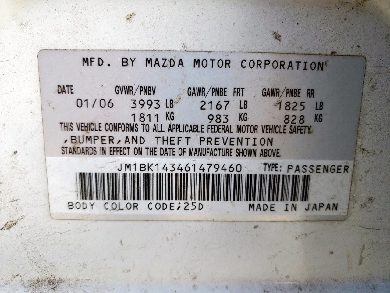 2006 Mazda 3 Hatchback VIN: JM1BK143461479460 Lot: 62526375