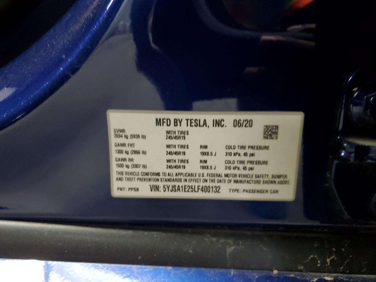 2020 Tesla Model S VIN: 5YJSA1E25LF400132 Lot: 61008555