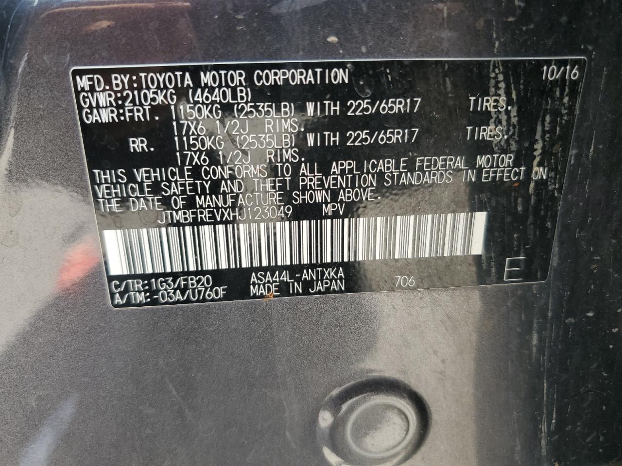 2017 Toyota Rav4 Le VIN: JTMBFREVXHJ123049 Lot: 60326805