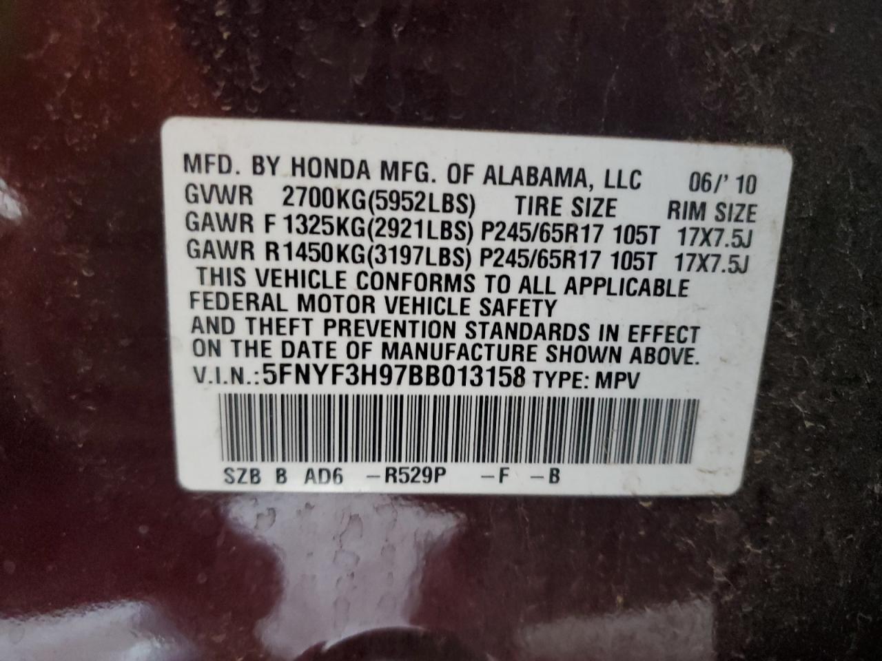 2011 Honda Pilot Touring VIN: 5FNYF3H97BB013158 Lot: 60355365