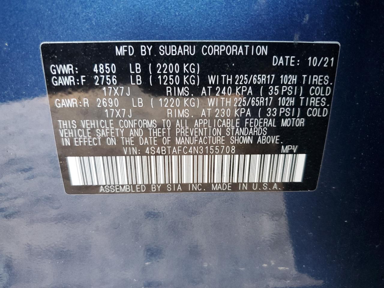 2022 Subaru Outback Premium VIN: 4S4BTAFC4N3155708 Lot: 61997685