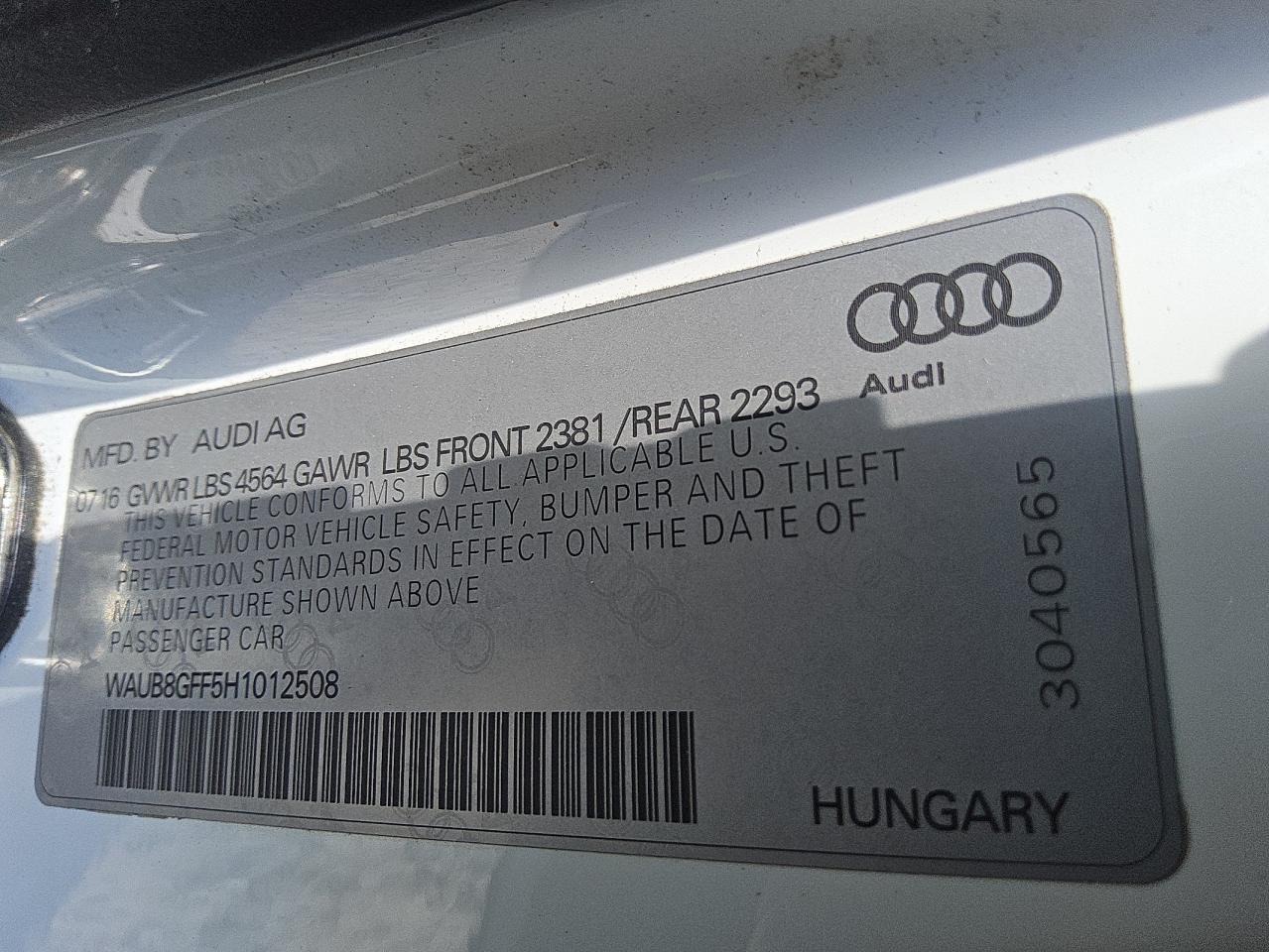 2017 Audi A3 Premium VIN: WAUB8GFF5H1012508 Lot: 61630405