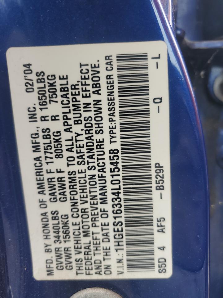 2004 Honda Civic Dx Vp VIN: 1HGES16334L015458 Lot: 60672115