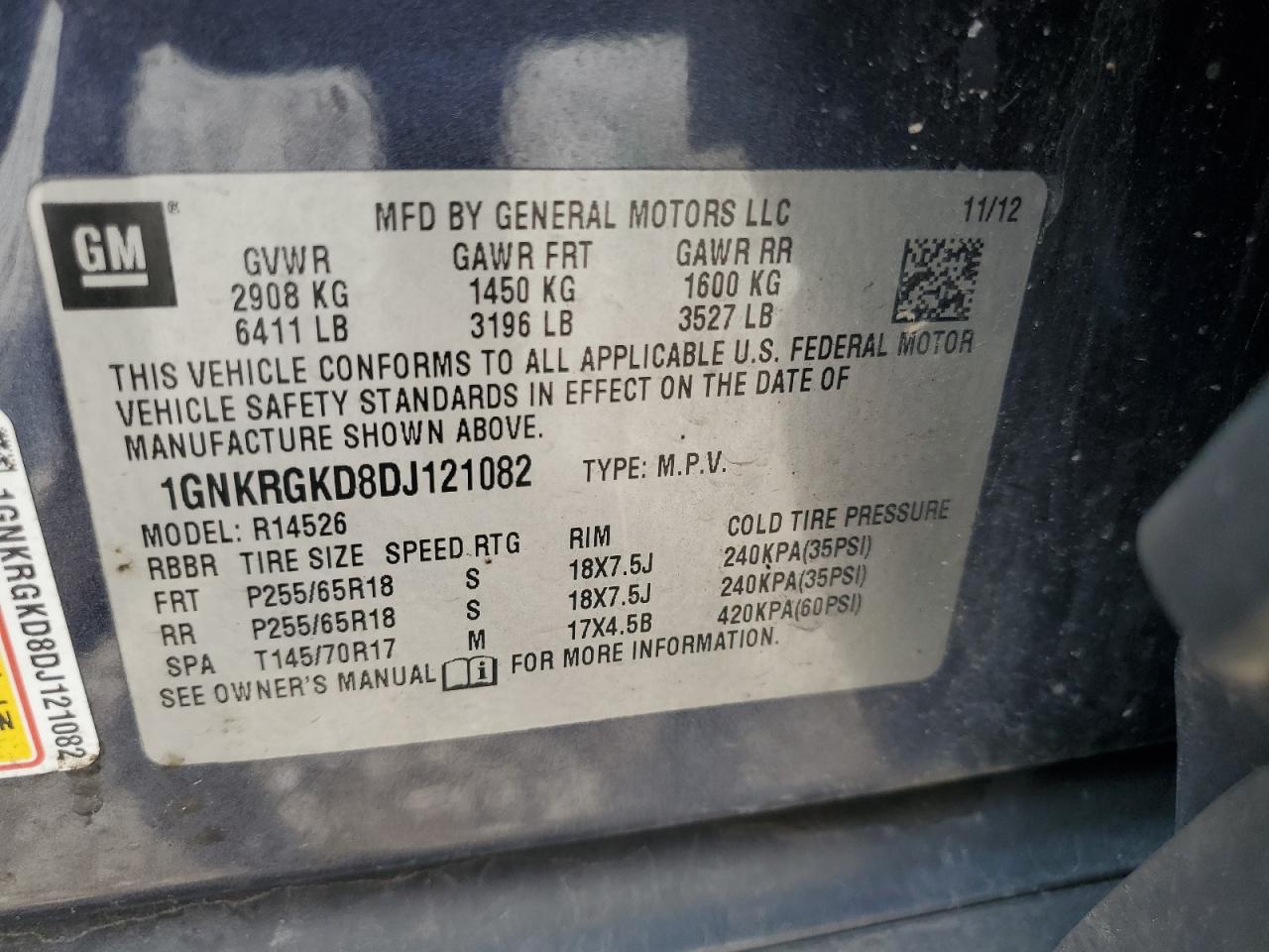 2013 Chevrolet Traverse Lt VIN: 1GNKRGKD8DJ121082 Lot: 62532235