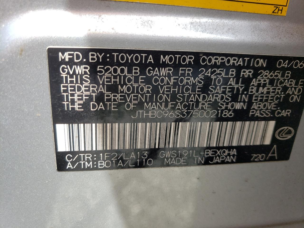 2007 Lexus Gs 450H VIN: JTHBC96S375002186 Lot: 59988025