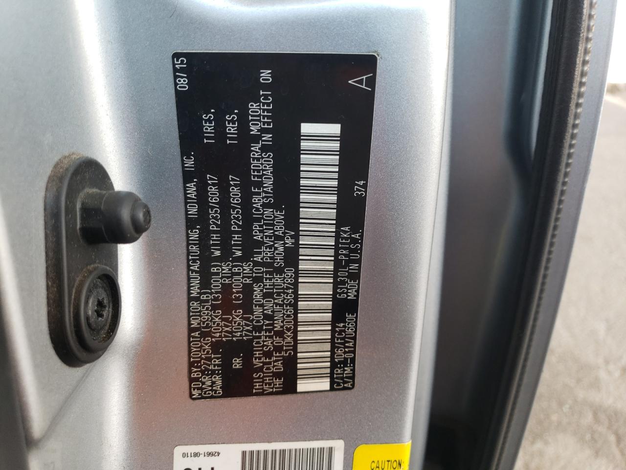 2015 Toyota Sienna Le VIN: 5TDKK3DC6FS647890 Lot: 63033435