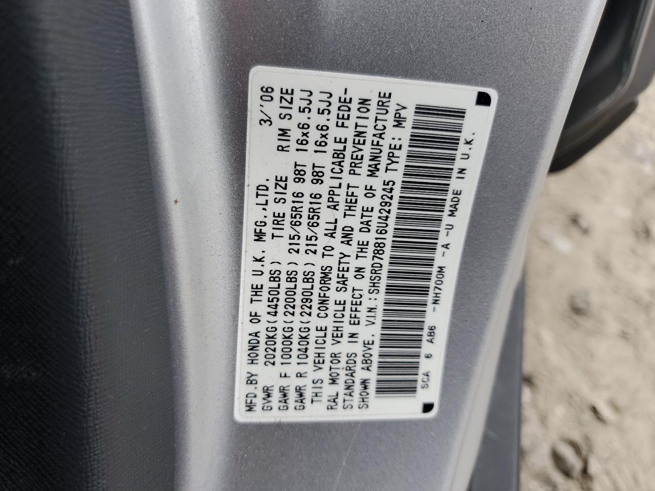 2006 Honda Cr-V Ex VIN: SHSRD78816U429245 Lot: 61579275