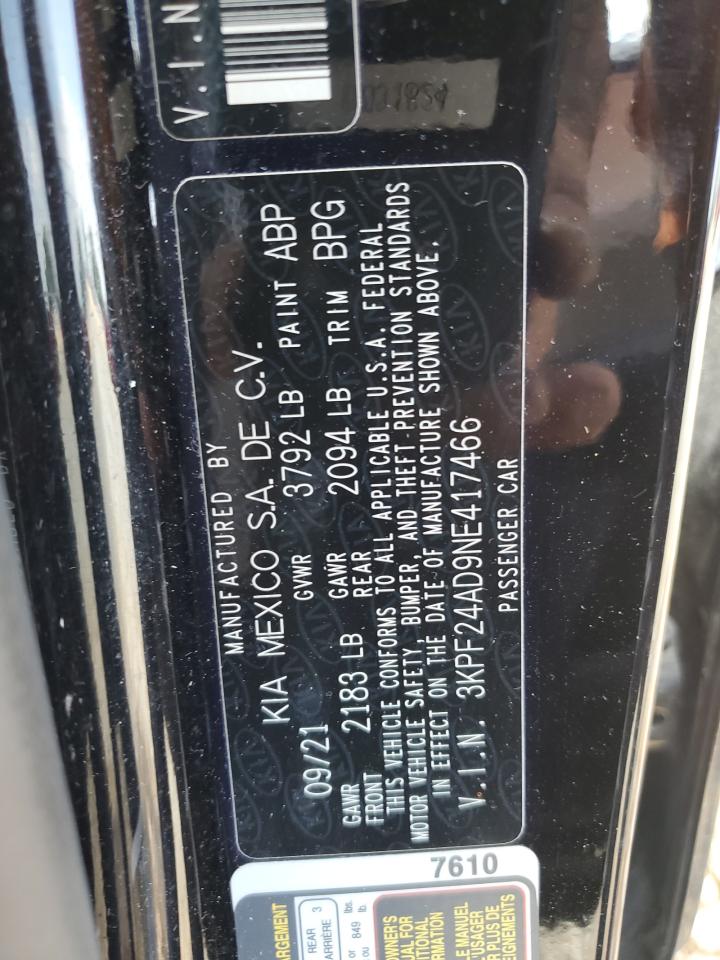 2022 Kia Forte Fe VIN: 3KPF24AD9NE417466 Lot: 62757945