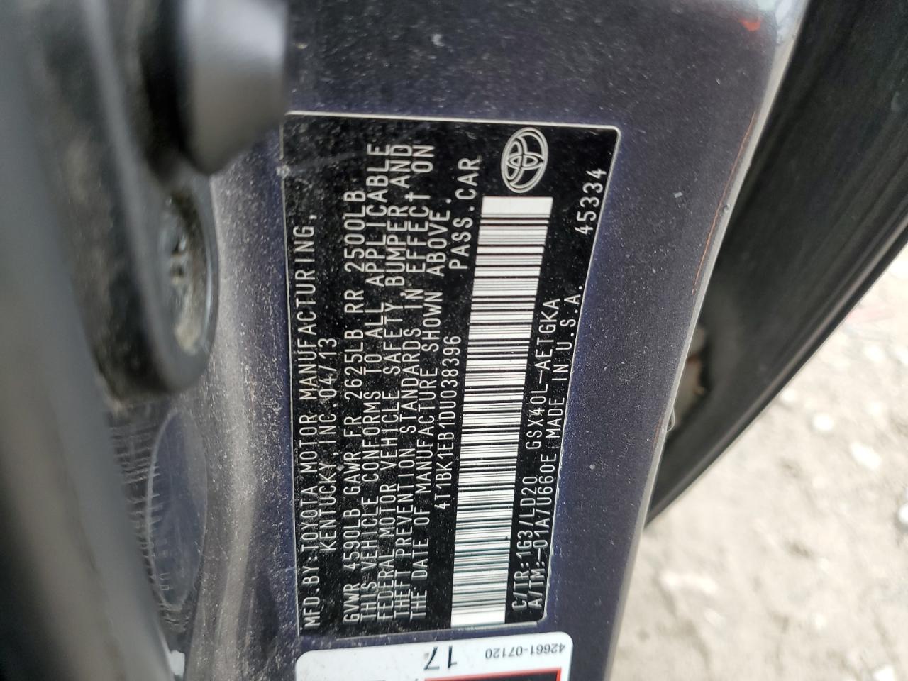 2013 Toyota Avalon Base VIN: 4T1BK1EB1DU038396 Lot: 60710355