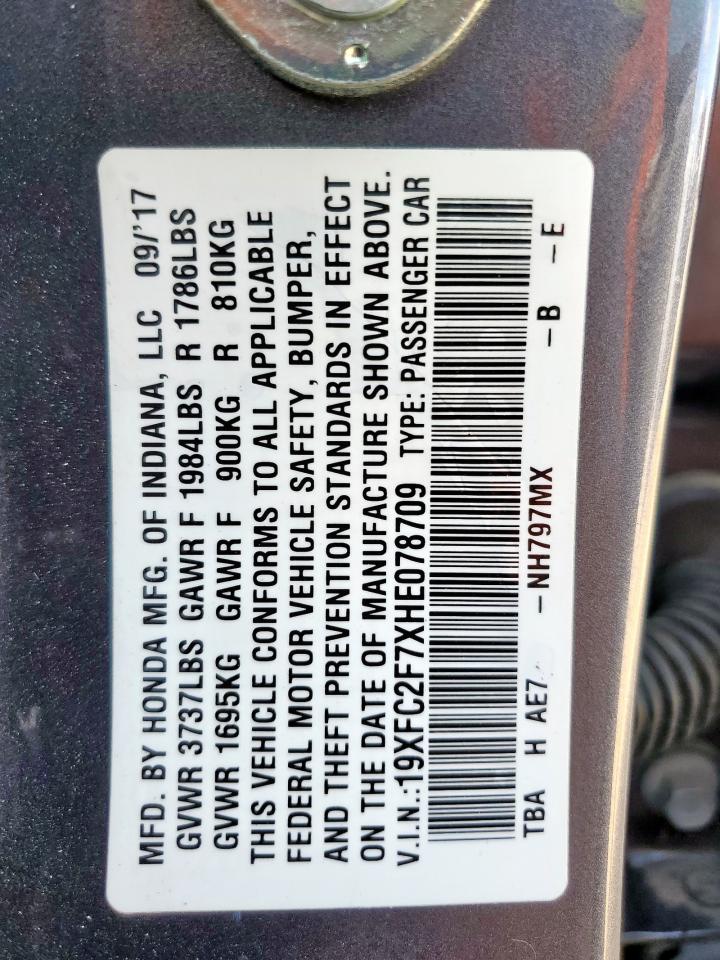 HONDA CIVIC 2017 VIN 19XFC2F7XHE078709 zdjęcie 12