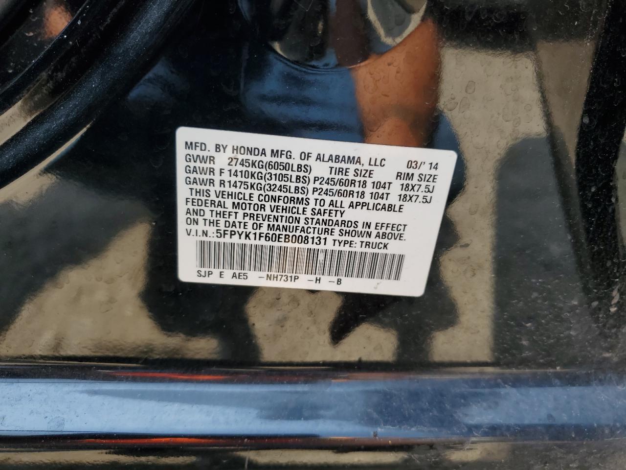 2014 Honda Ridgeline Rtl-S VIN: 5FPYK1F60EB008131 Lot: 60666915