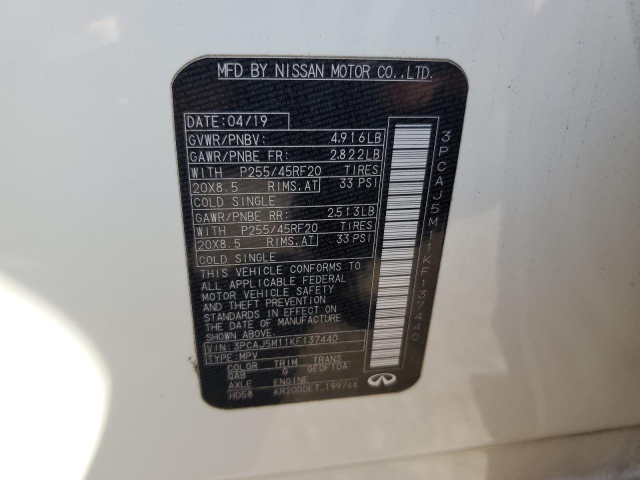 2019 Infiniti Qx50 Essential VIN: 3PCAJ5M11KF137440 Lot: 61851965