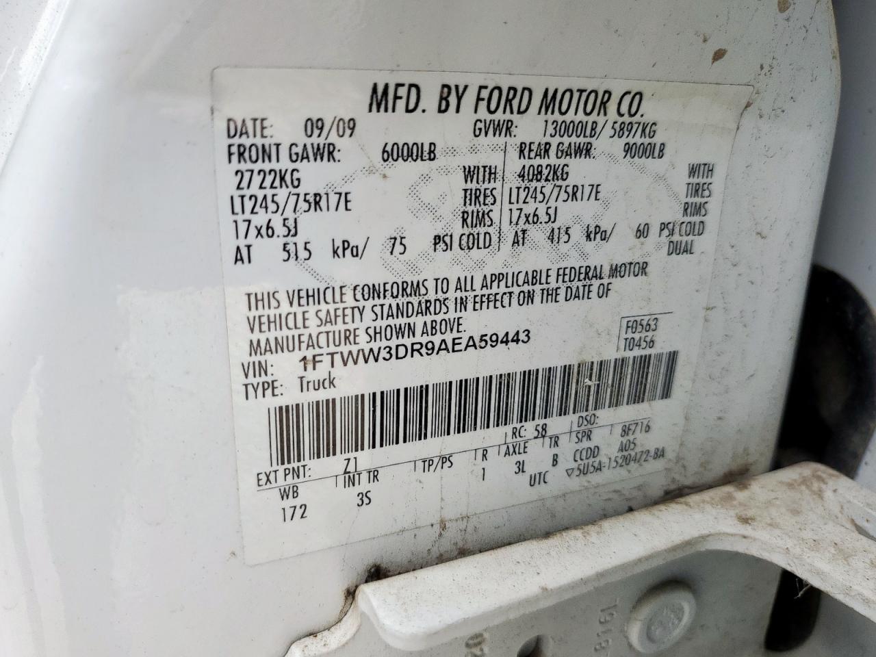 2010 Ford F350 Super Duty VIN: 1FTWW3DR9AEA59443 Lot: 61190545