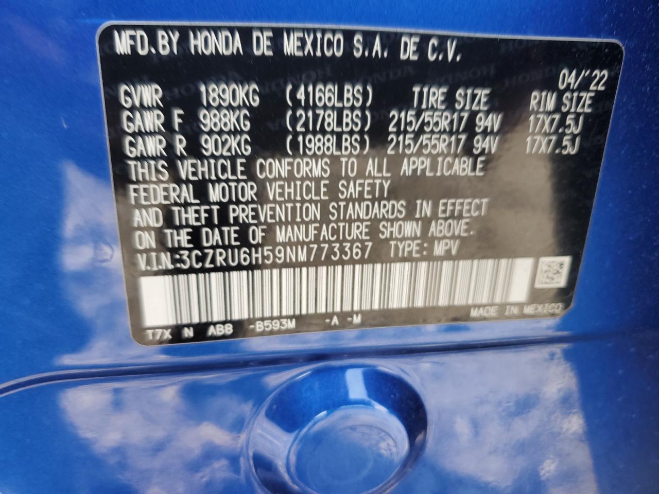2022 Honda Hr-V Ex VIN: 3CZRU6H59NM773367 Lot: 60538475