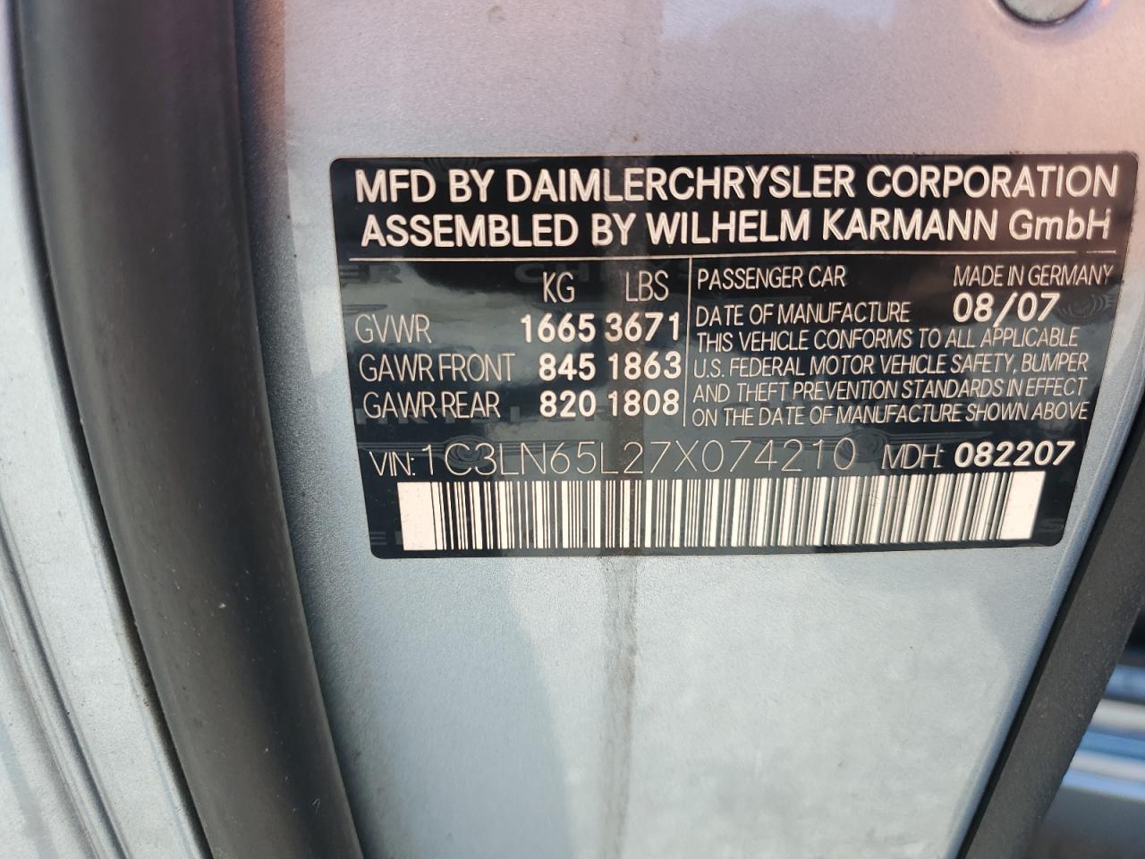 2007 Chrysler Crossfire Limited VIN: 1C3LN65L27X074210 Lot: 62068935