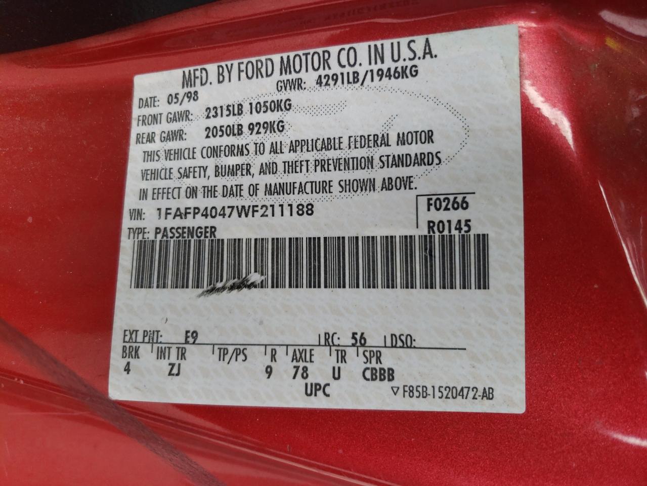 1998 Ford Mustang VIN: 1FAFP4047WF211188 Lot: 59023785
