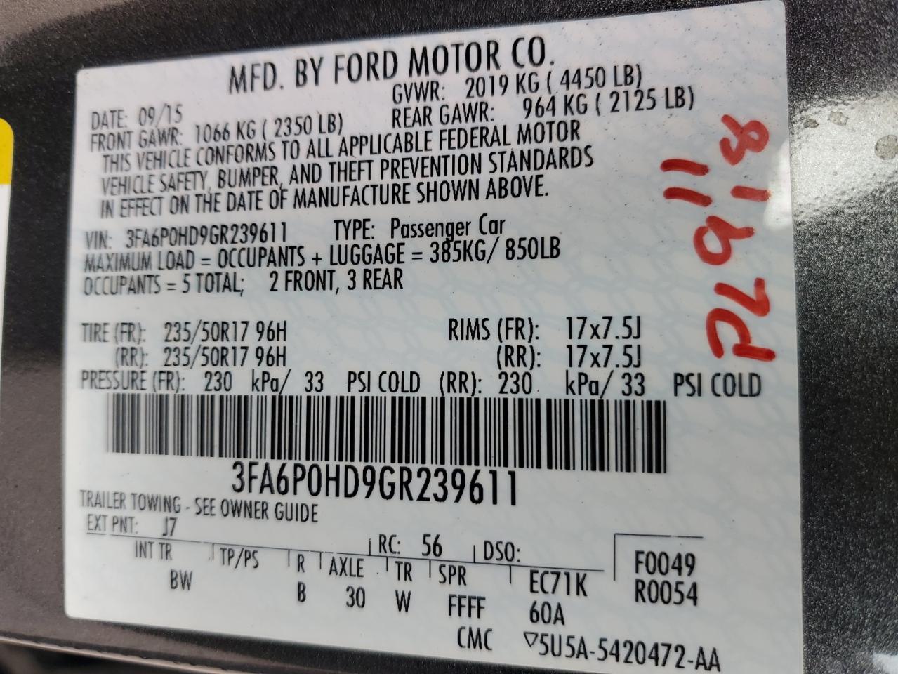 2016 Ford Fusion Se VIN: 3FA6P0HD9GR239611 Lot: 61550015