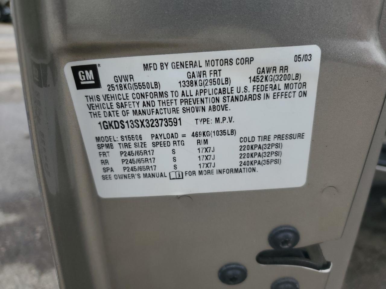 2003 GMC Envoy VIN: 1GKDS13SX32373591 Lot: 59727145