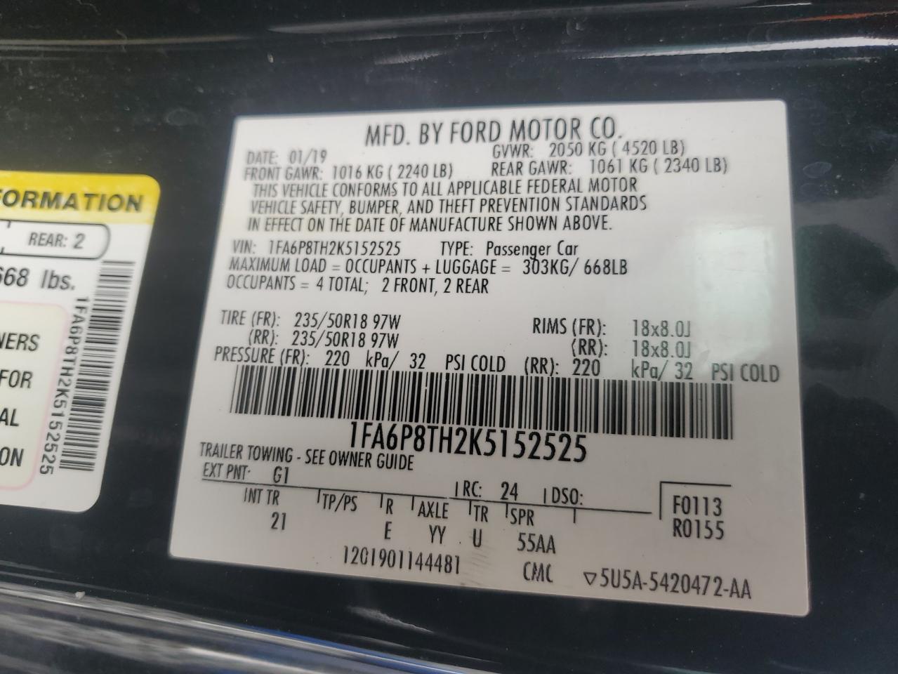 2019 Ford Mustang VIN: 1FA6P8TH2K5152525 Lot: 62843125