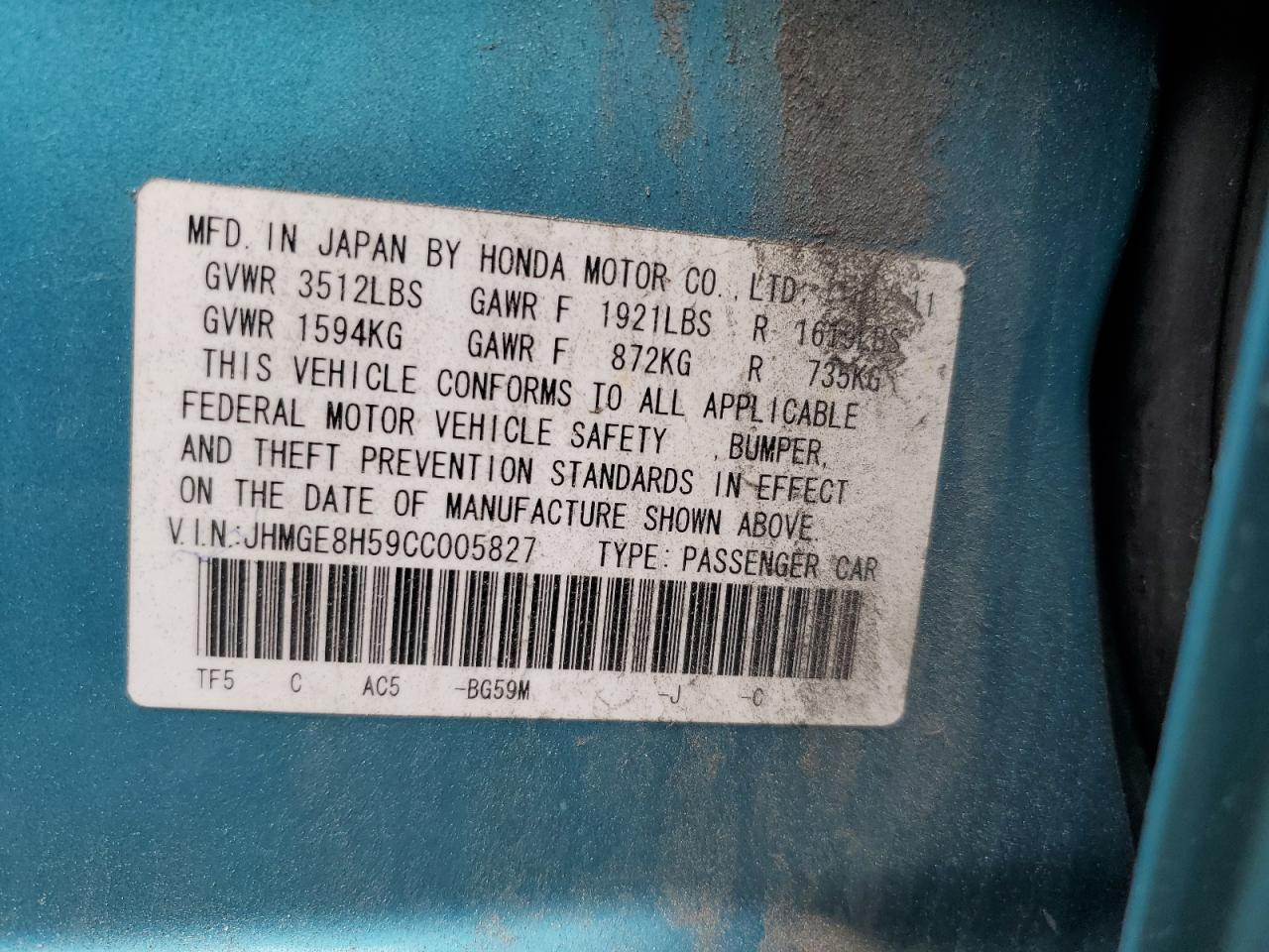 2012 Honda Fit Sport VIN: JHMGE8H59CC005827 Lot: 61280765