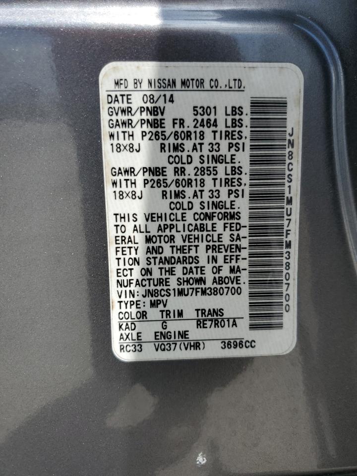 2015 Infiniti Qx70 VIN: JN8CS1MU7FM380700 Lot: 61938375