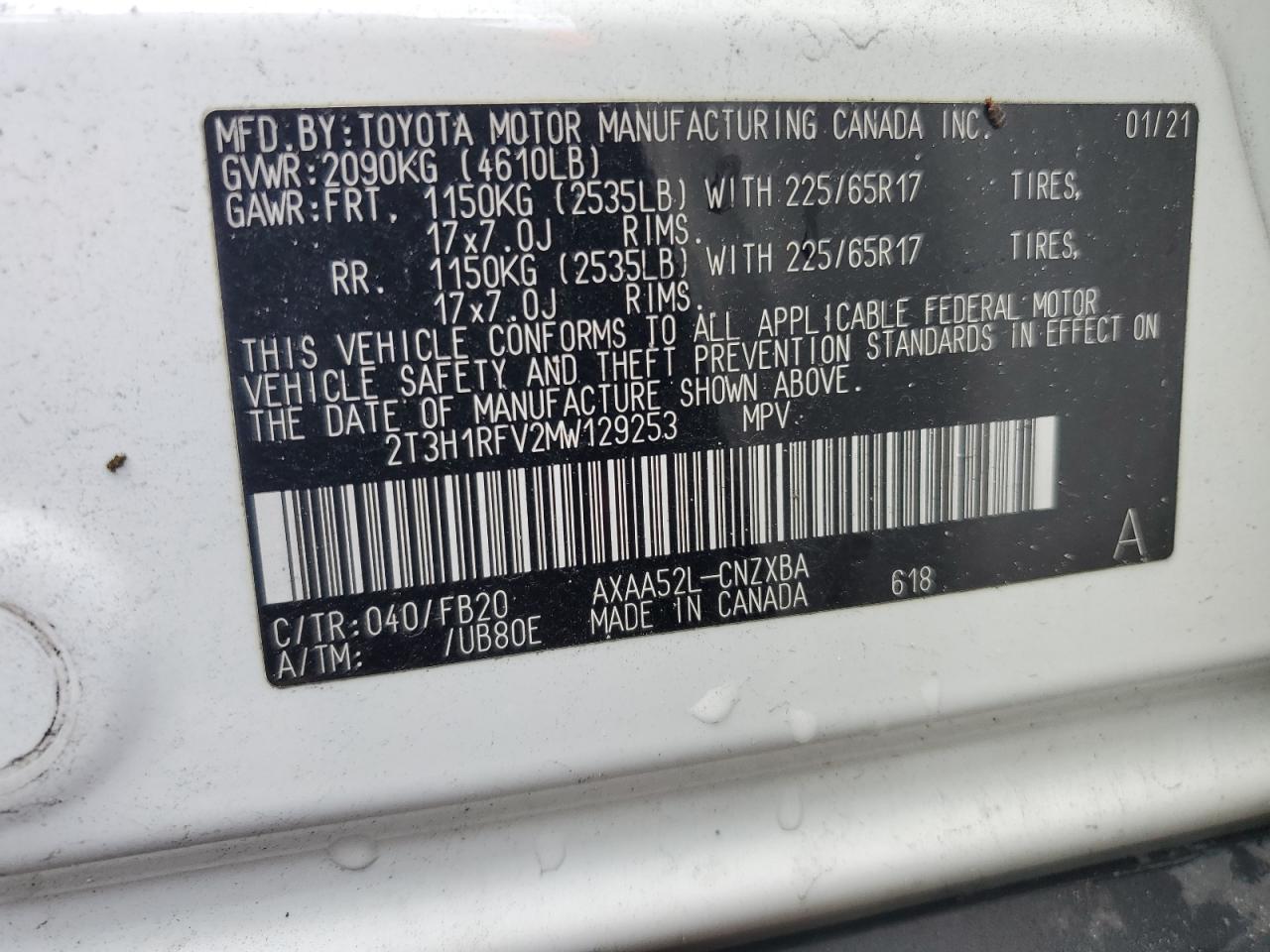 2021 Toyota Rav4 Le VIN: 2T3H1RFV2MW129253 Lot: 62302755
