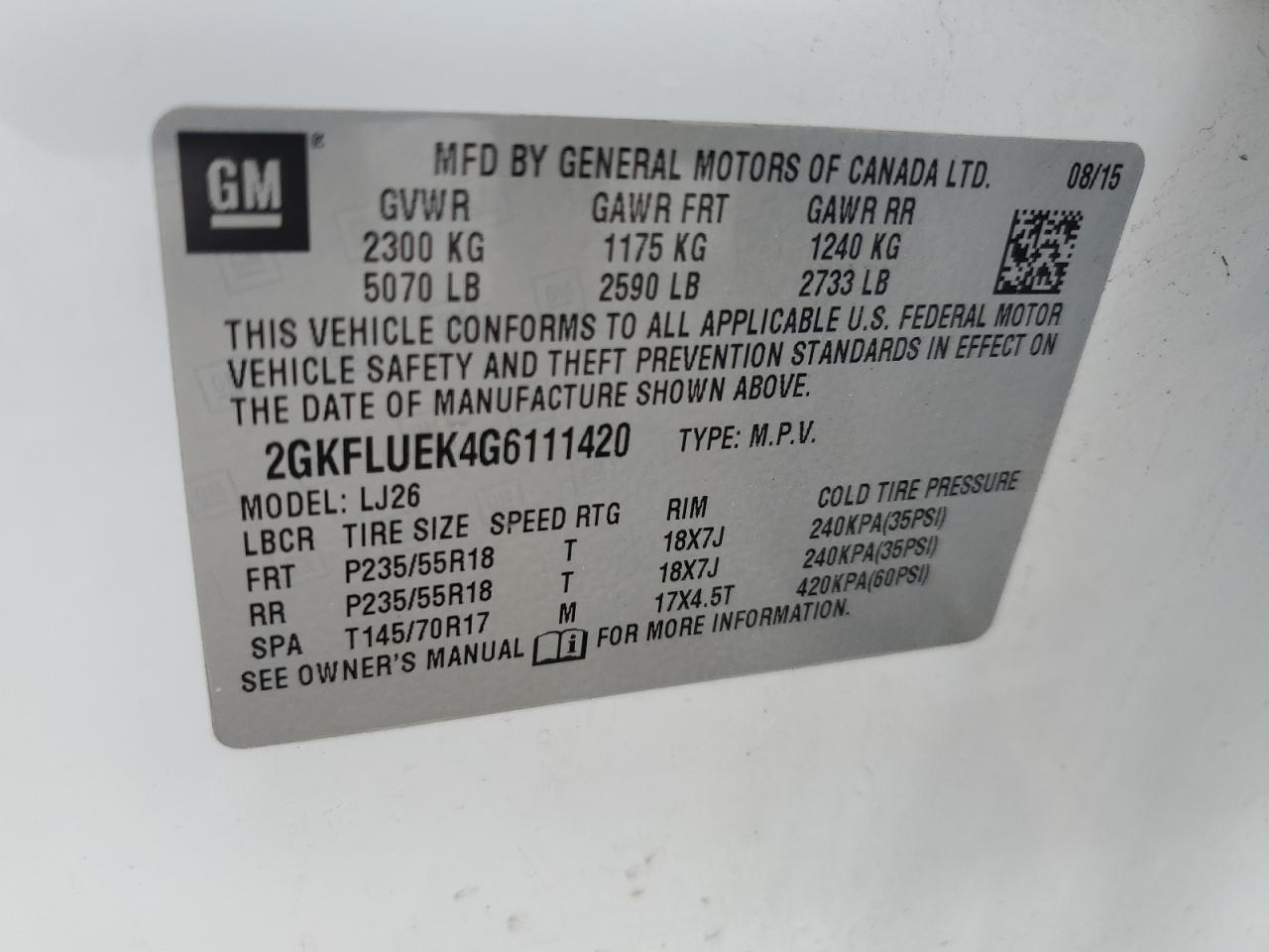 2016 GMC Terrain Slt VIN: 2GKFLUEK4G6111420 Lot: 61039795