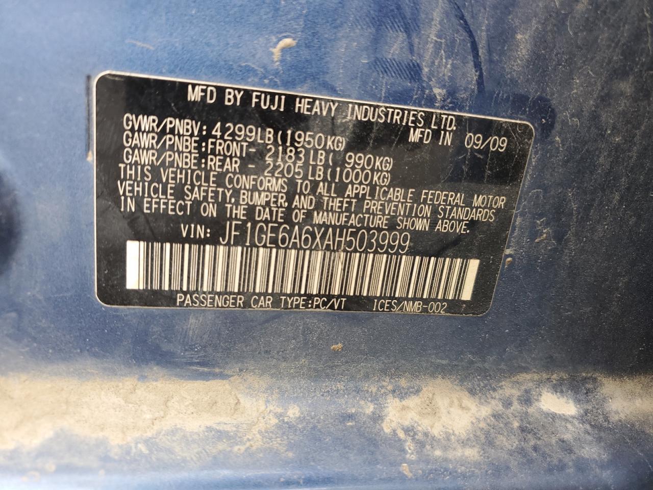 2010 Subaru Impreza 2.5I VIN: JF1GE6A6XAH503999 Lot: 62340115