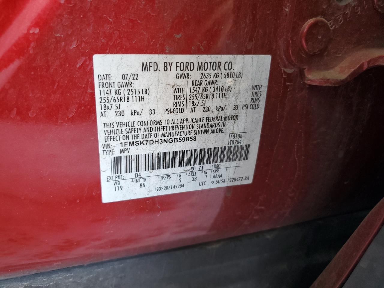 2022 Ford Explorer Xlt VIN: 1FMSK7DH3NGB59858 Lot: 62917555