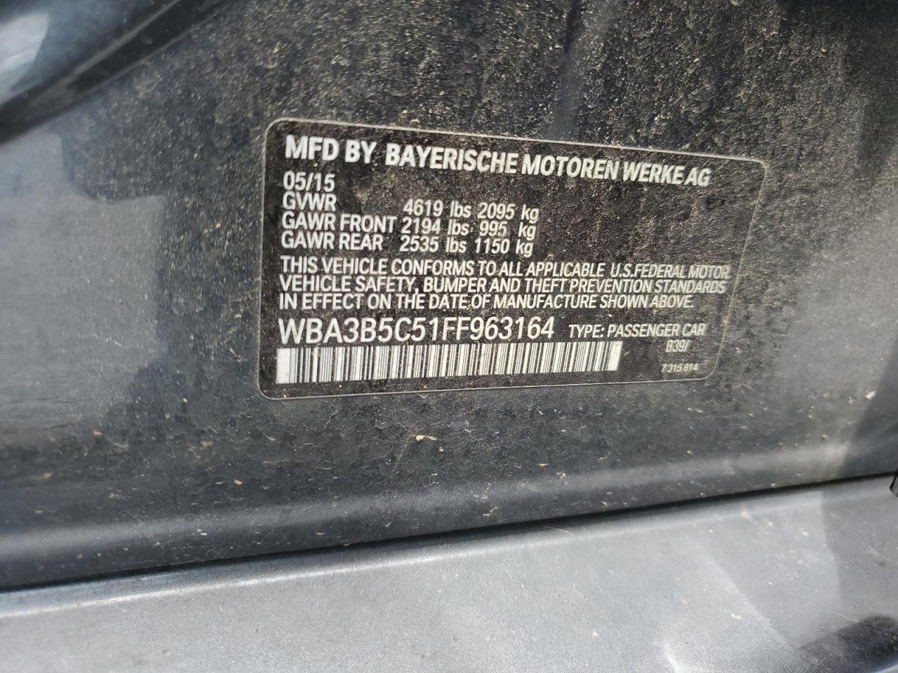 2015 BMW 328 Xi Sulev VIN: WBA3B5C51FF963164 Lot: 63564395