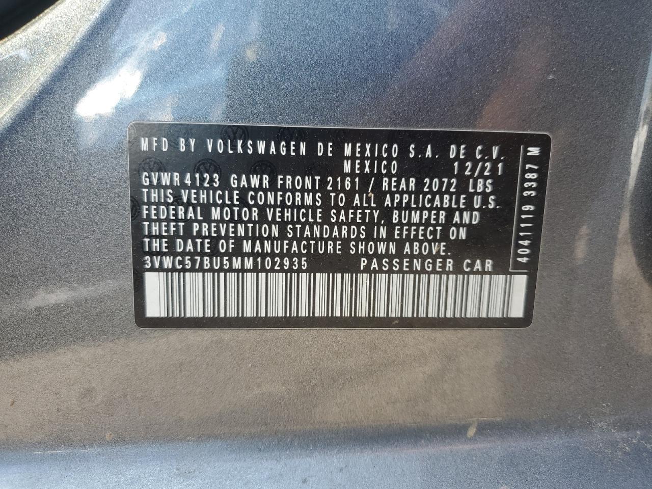 2021 Volkswagen Jetta S VIN: 3VWC57BU5MM102935 Lot: 60326285