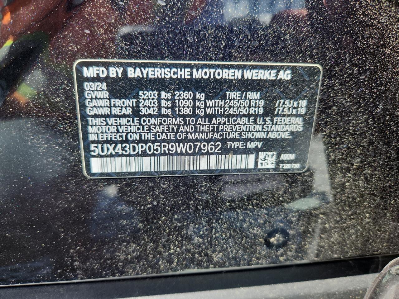 2024 BMW X3 Sdrive30I VIN: 5UX43DP05R9W07962 Lot: 62268495