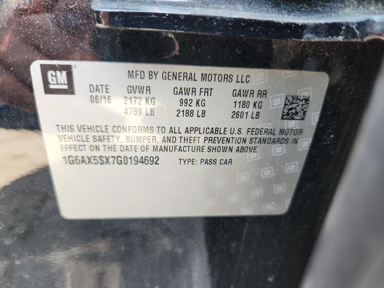2016 Cadillac Cts Luxury Collection VIN: 1G6AX5SX7G0194692 Lot: 63003435