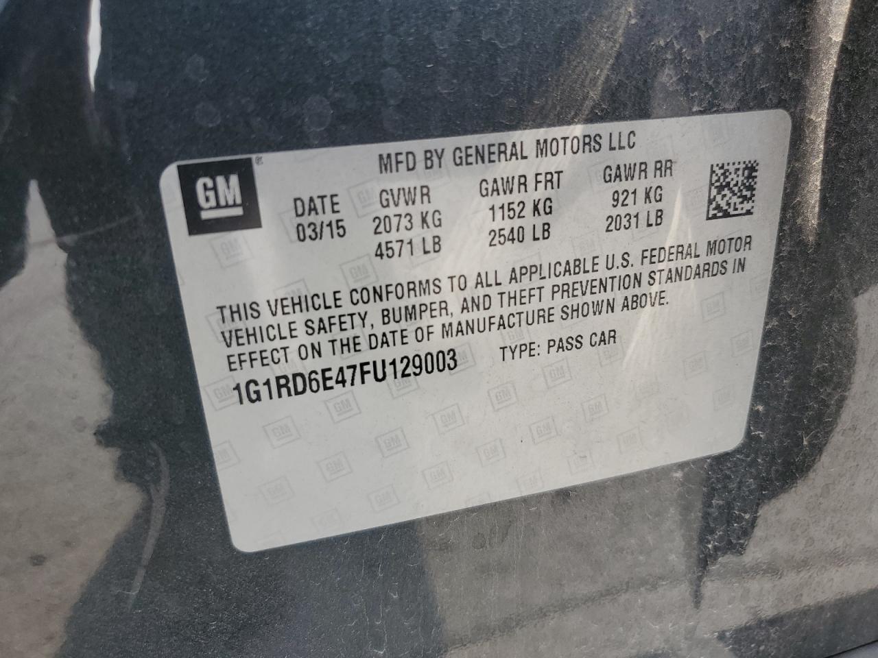 2015 Chevrolet Volt VIN: 1G1RD6E47FU129003 Lot: 60652995