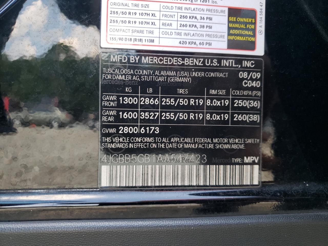 2010 Mercedes-Benz Ml 350 VIN: 4JGBB5GB1AA547423 Lot: 62597715