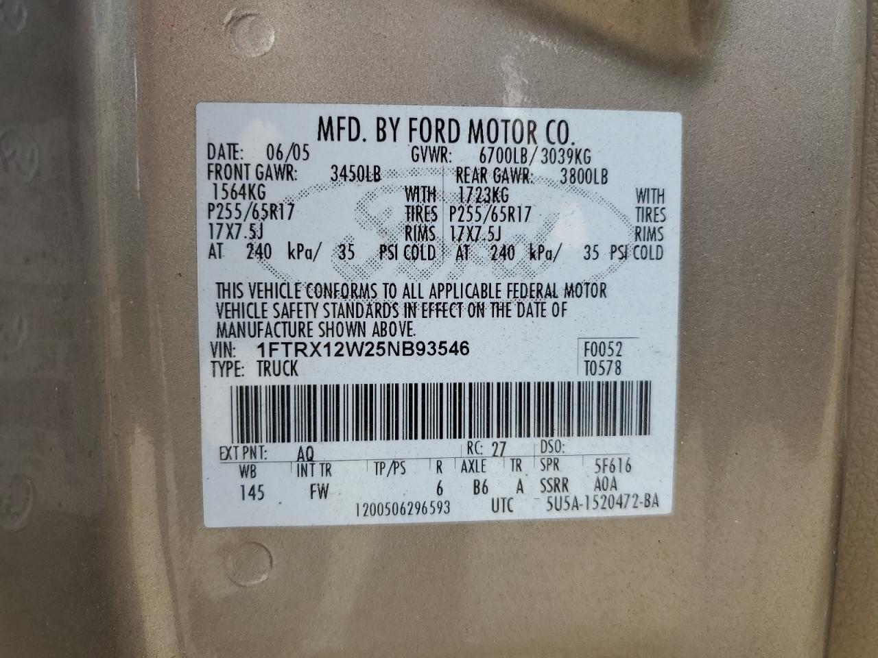 2005 Ford F150 VIN: 1FTRX12W25NB93546 Lot: 63132155