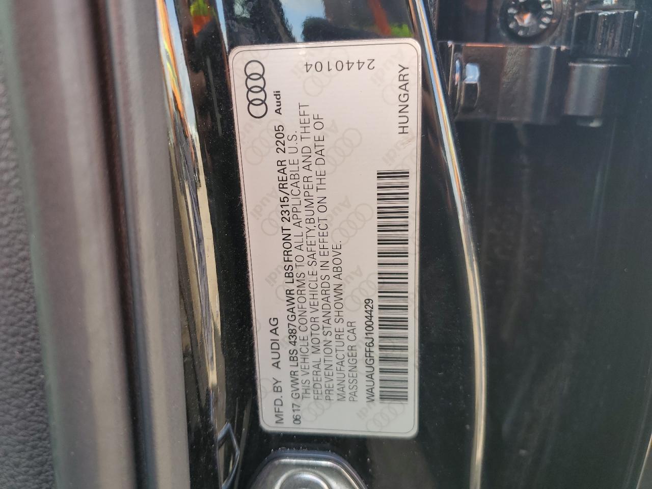 2018 Audi A3 Premium VIN: WAUAUGFF6J1004429 Lot: 63063395