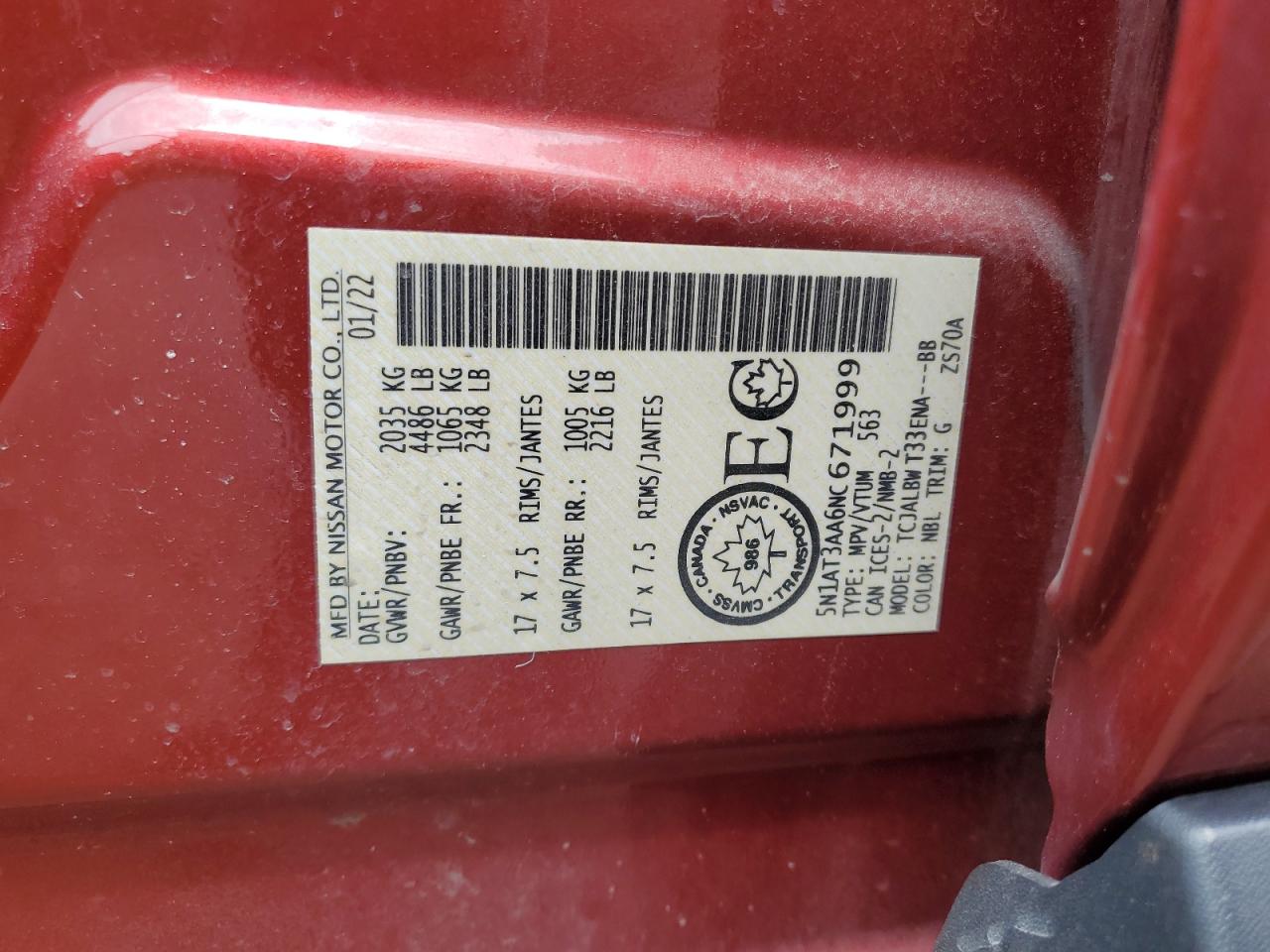 2022 Nissan Rogue S VIN: 5N1AT3AA6NC671999 Lot: 59373515