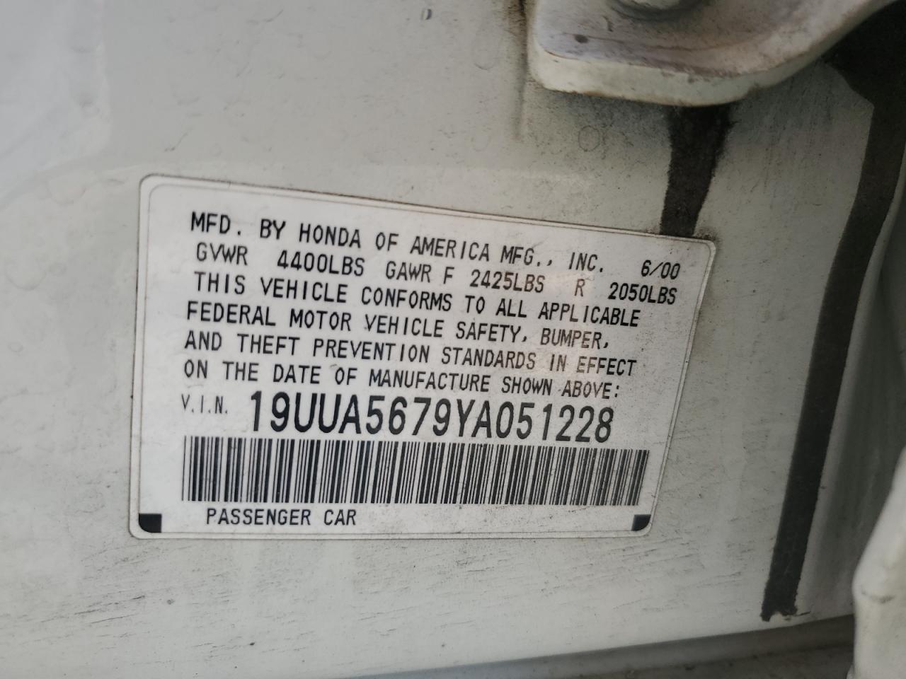 2000 Acura 3.2Tl VIN: 19UUA5679YA051228 Lot: 61774655