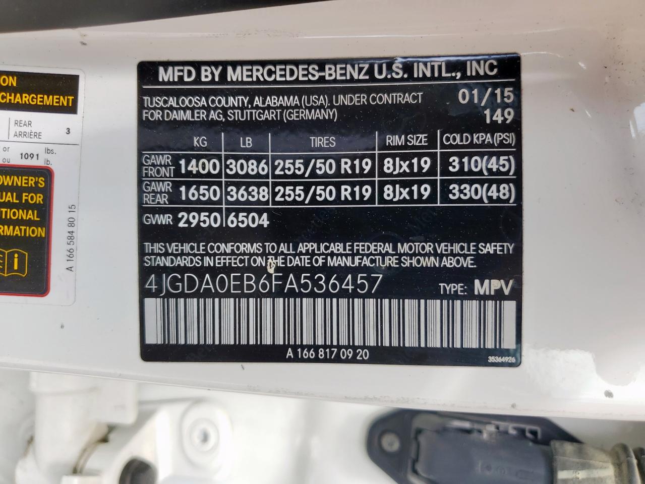 2015 Mercedes-Benz Ml 250 Bluetec VIN: 4JGDA0EB6FA536457 Lot: 61903625