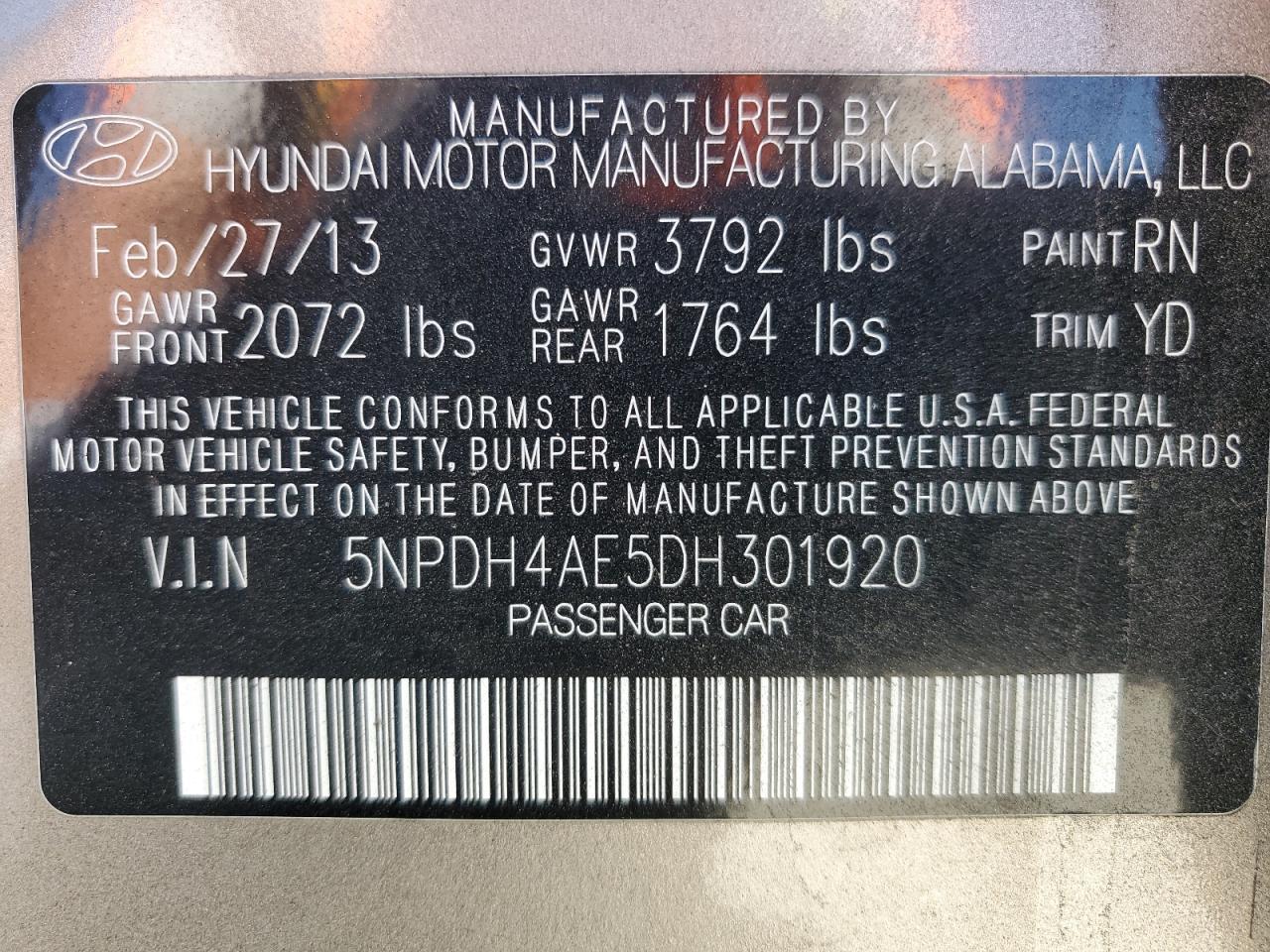 2013 Hyundai Elantra Gls VIN: 5NPDH4AE5DH301920 Lot: 61576445