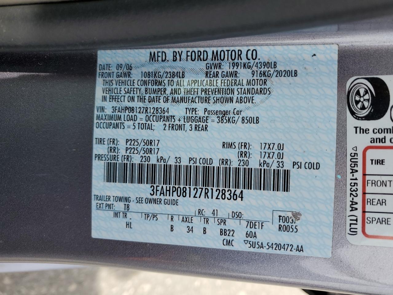 2007 Ford Fusion Sel VIN: 3FAHP08127R128364 Lot: 62731085