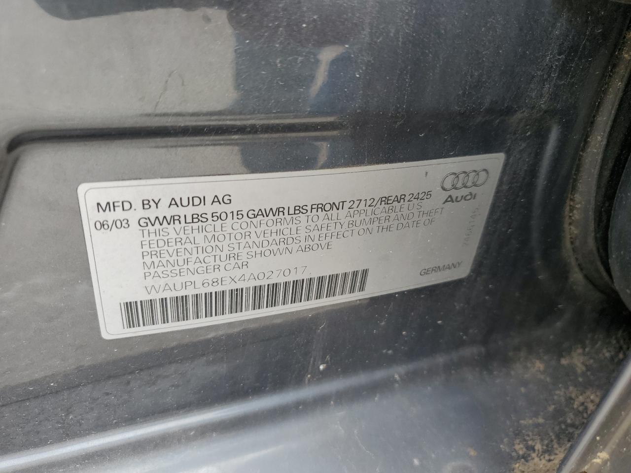 2004 Audi S4 VIN: WAUPL68EX4A027017 Lot: 62939925