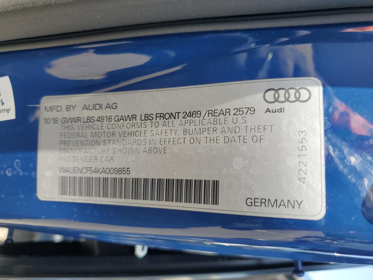 2019 Audi A5 Premium Plus S-Line VIN: WAUENCF54KA009855 Lot: 61268295