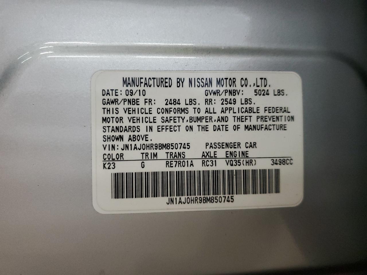 2011 Infiniti Ex35 Base VIN: JN1AJ0HR9BM850745 Lot: 60734175