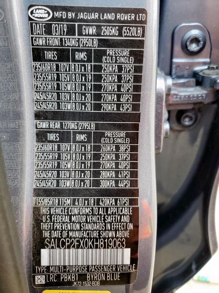 2019 Land Rover Discovery Sport Se VIN: SALCP2FX0KH819063 Lot: 61548595