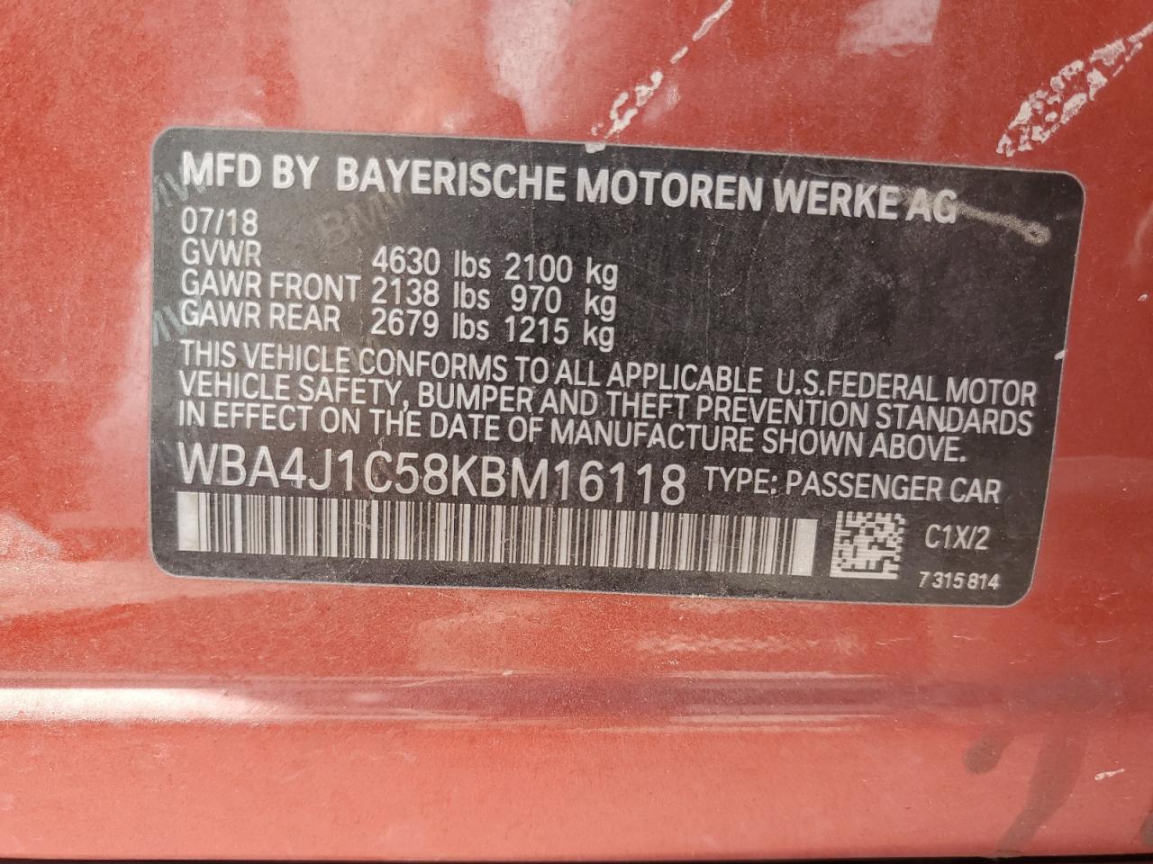 2019 BMW 430I Gran Coupe VIN: WBA4J1C58KBM16118 Lot: 61501805