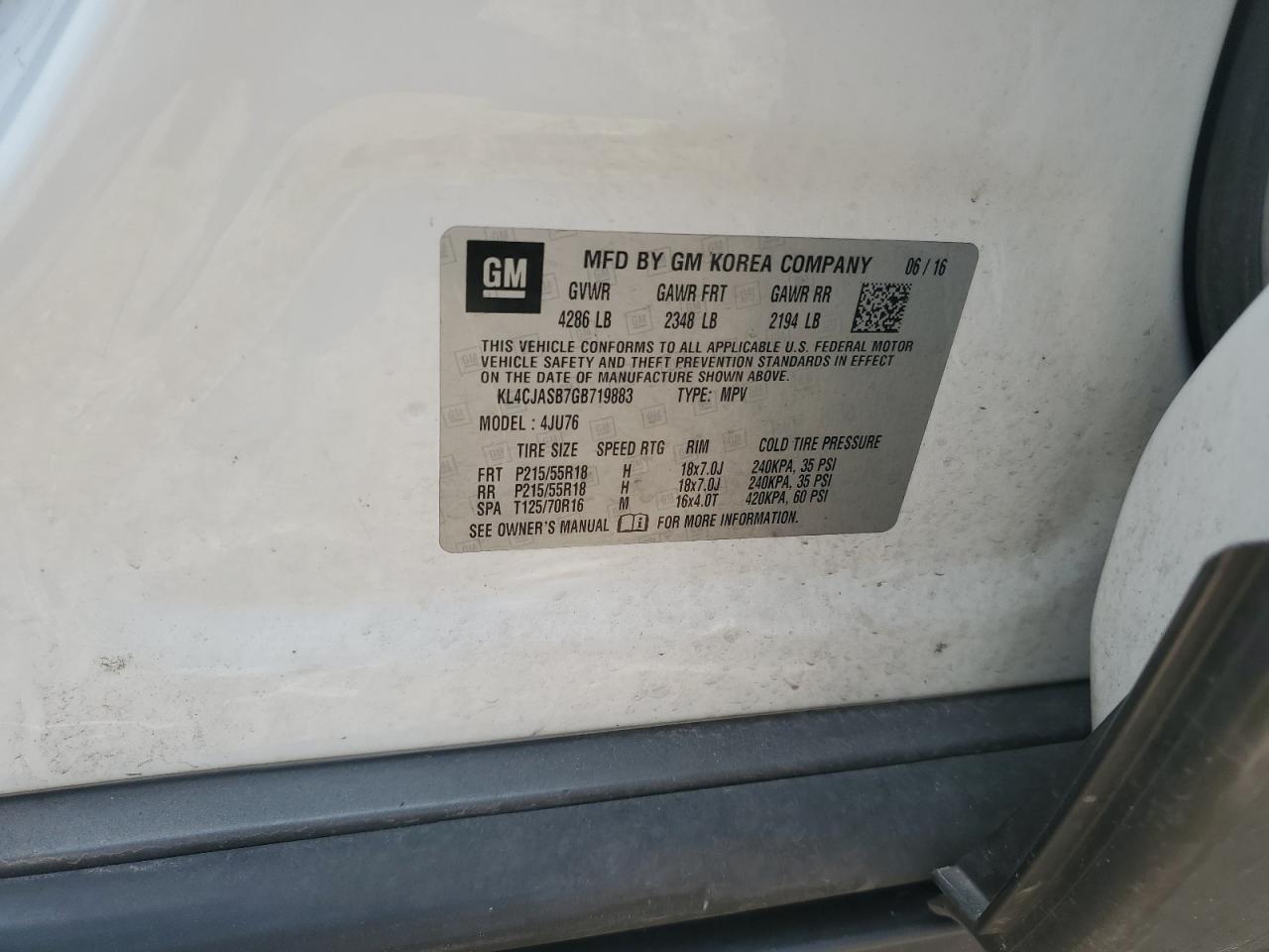 2016 Buick Encore VIN: KL4CJASB7GB719883 Lot: 62593625