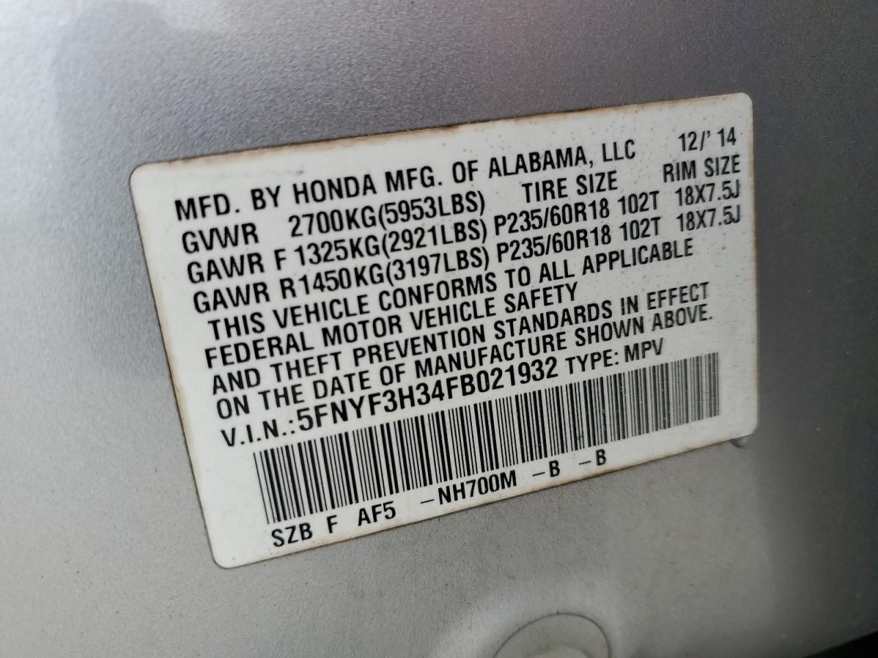 HONDA PILOT 2015 VIN 5FNYF3H34FB021932 фото 13