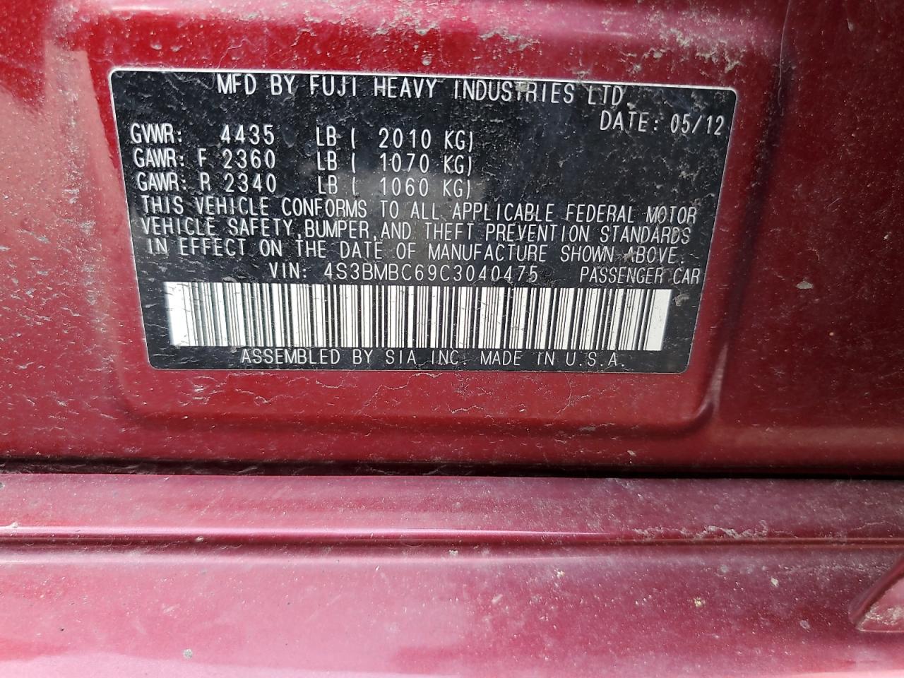 2012 Subaru Legacy 2.5I Premium VIN: 4S3BMBC69C3040475 Lot: 62652155